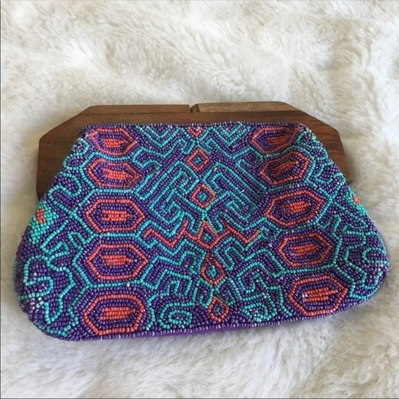 Express Beaded Clutch Purple Blue Red Swirls Wooden Handle